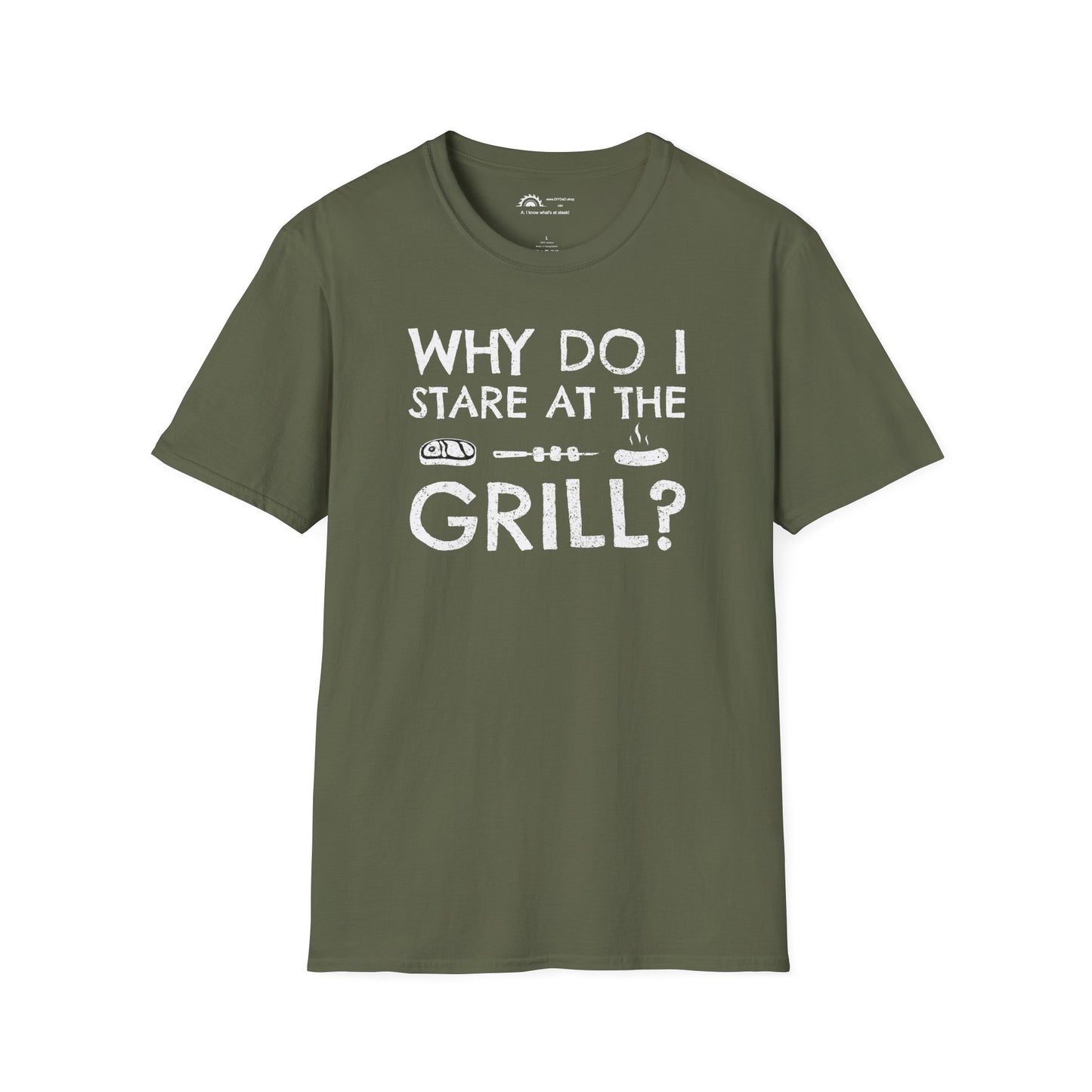Why Do I Stare at the Grill? Punchline on Necklabel T-shirt